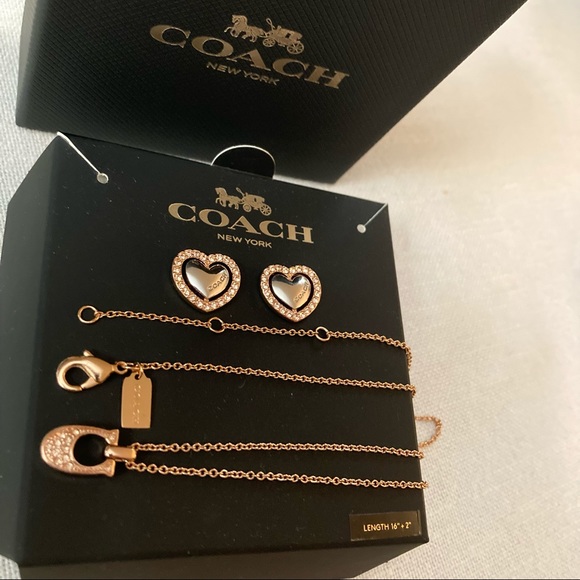 Coach Rose Gold Silver Necklace Studs Earrings Heart Crystals Gift Set Box $128 - Picture 6 of 8